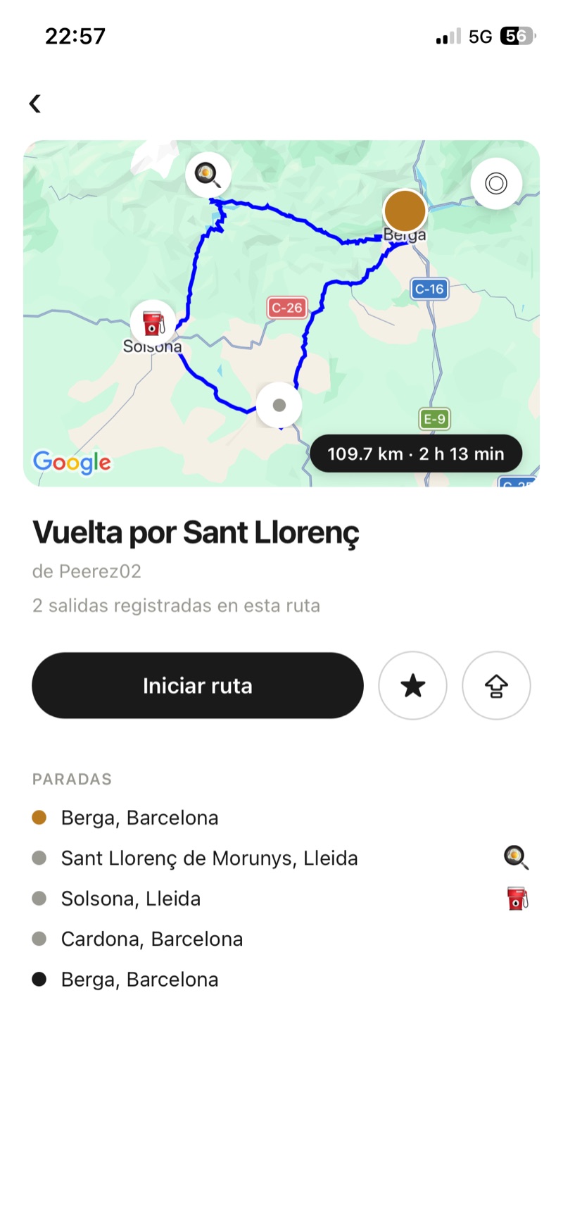 Detalle de la ruta Vuelta por Sant Llorenç: el mapa con el recorrido circular, 109,7 km y 2 h 13 min, y el botón de iniciar ruta.
