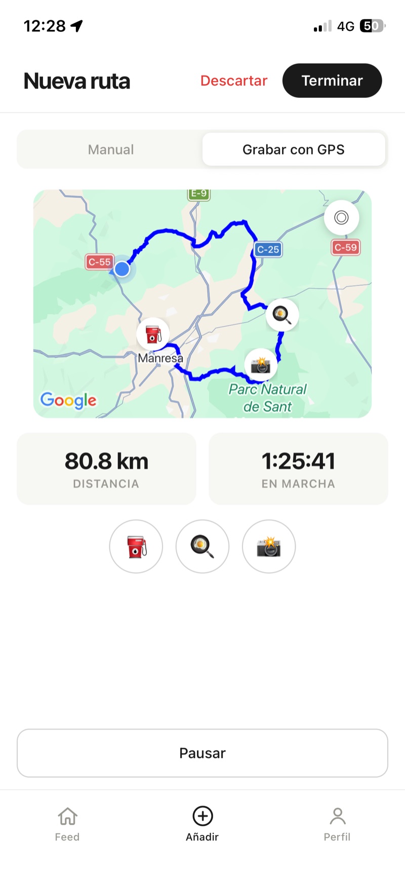 Grabando una ruta con el GPS: el trazado en vivo de un recorrido de 80,8 km en 1 h 25 min por el Parc Natural de Sant Llorenç, con paradas marcadas de gasolina, comida y foto.